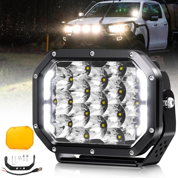 BraveWAY 5x7IN LED Driving Lights 125W 19800LM LED Offroad Lights with DRL Yellow Covers Spot Flood Combo Beam Light Pods Long Distance Output Work Light for Truck, 4WD, ATV, UTV, Pickup,Tractor