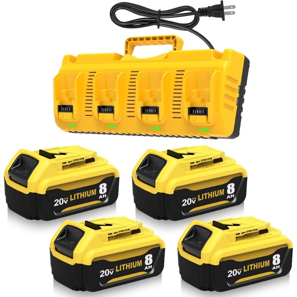 4 Packs DCB206 8.0Ah Replacement for Dewalt 20V Battery and DCB104 4-Port Charger Compatible with Dewalt 20V Battery 8.0Ah Lithium Ion