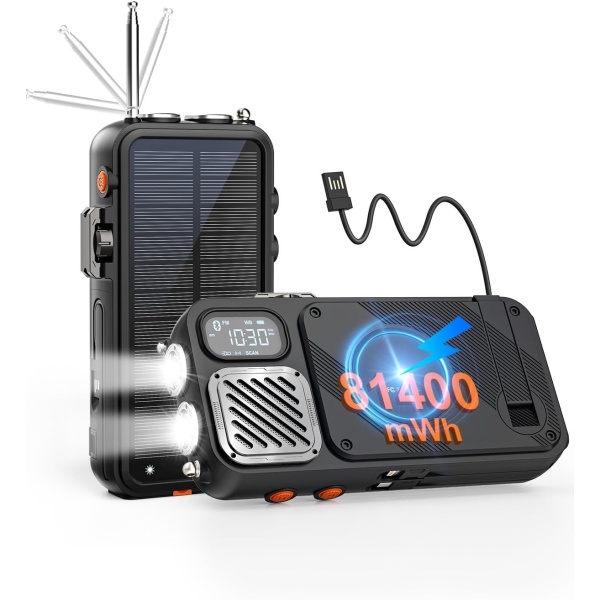 Emergency Radio&22000mAh Solar Power Bank, FM NOAA Weather Radio, Portable Hand Crank Bluetooth Radio